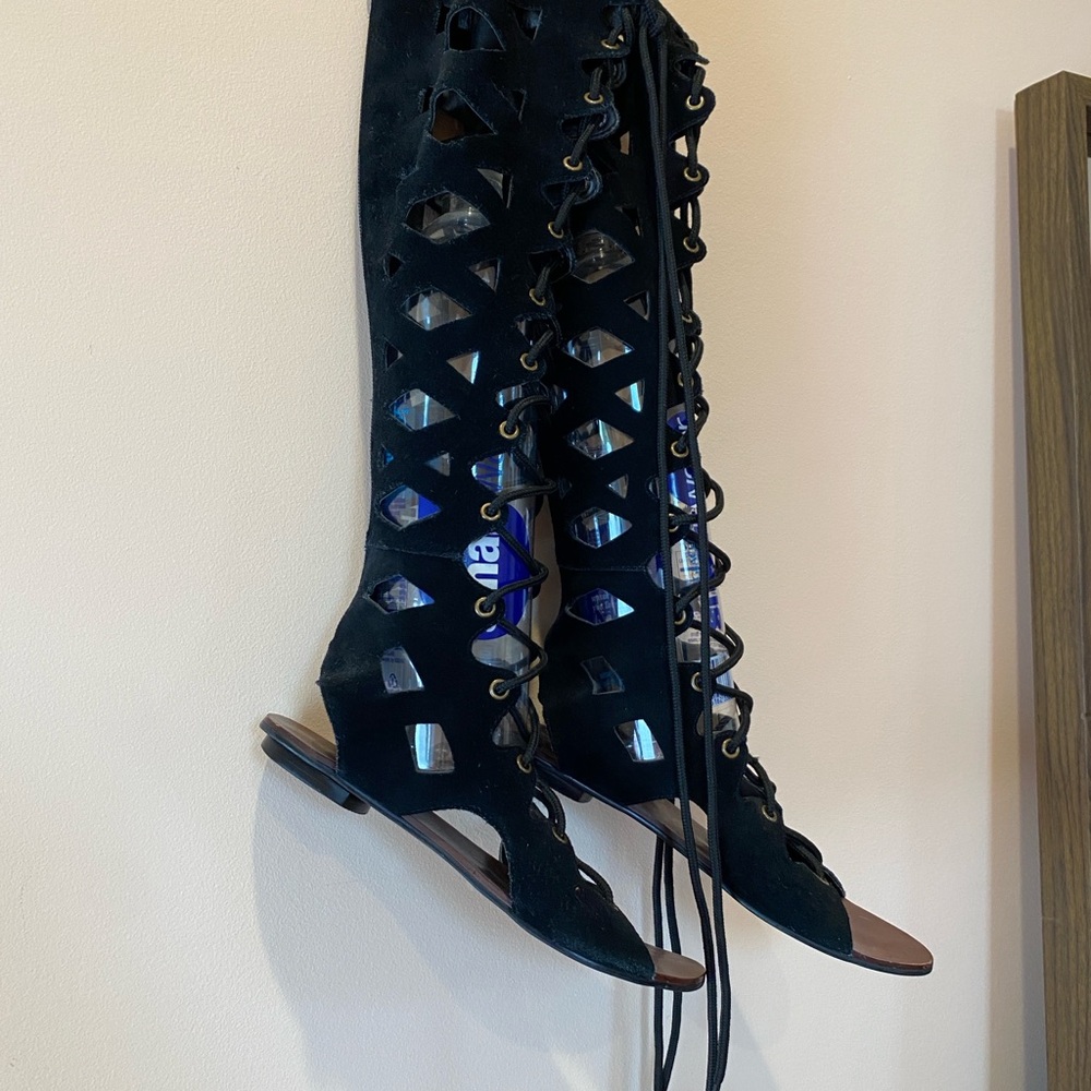 Black Lace-Up Combat Boots with Glossy Finish